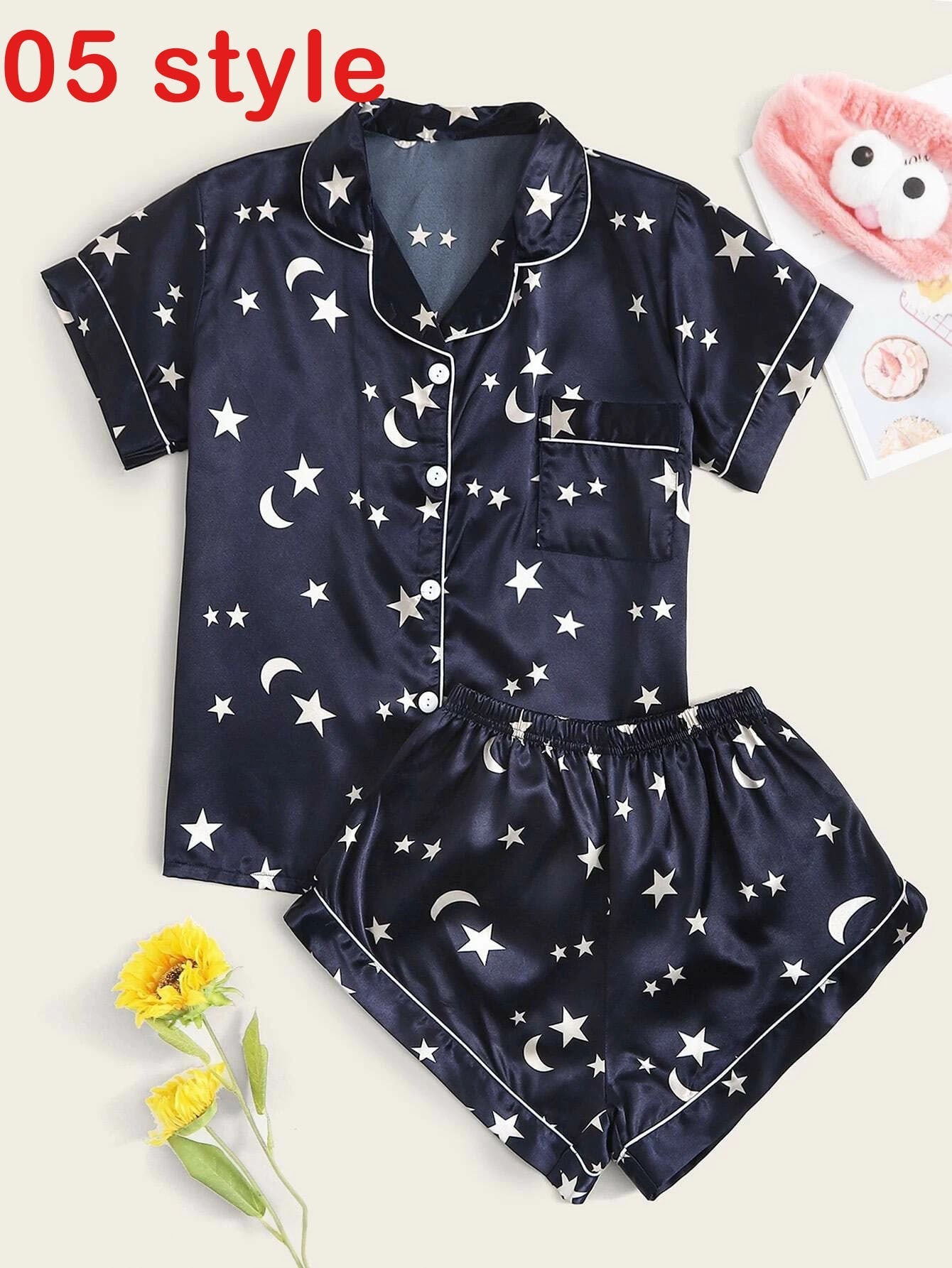 Women's Satin Print Pajama Shorts Set Relaxed Loungewear