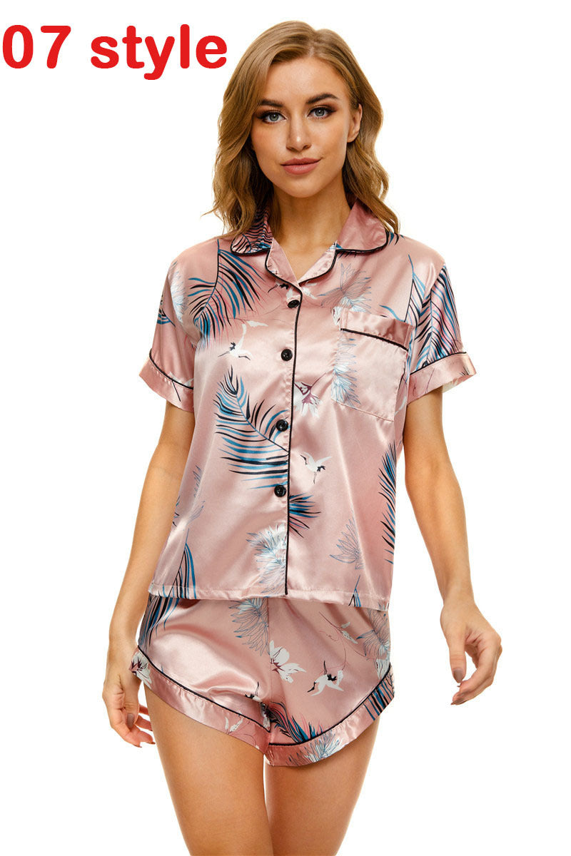 Women's Satin Print Pajama Shorts Set Relaxed Loungewear