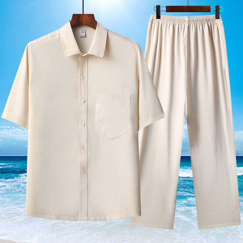 Unisex Summer Ice Cotton Short Sleeve Shirt Set Relaxed Fit