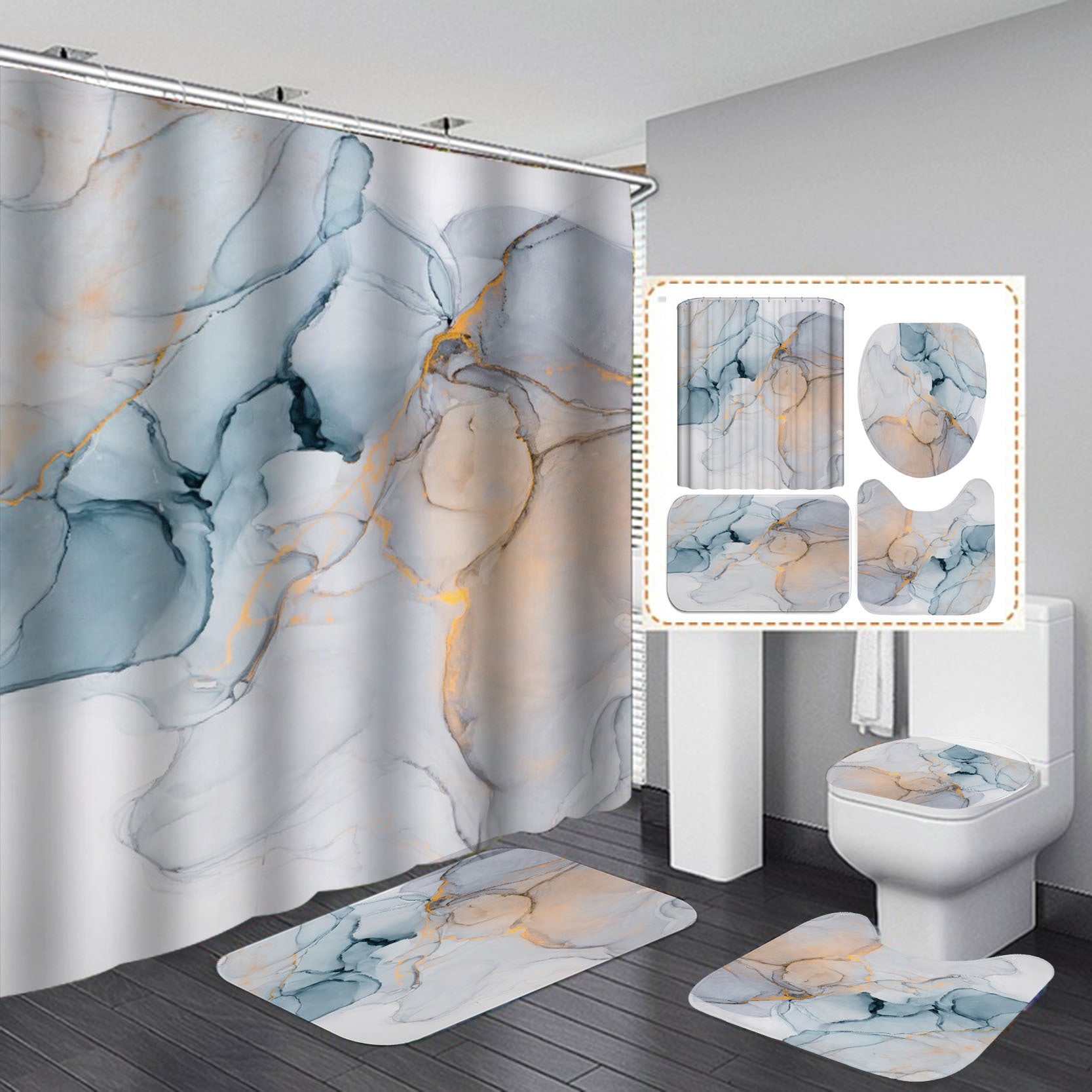 3D Modern Shower Curtain & Anti-Slip Bath Mat Set – Soft Absorbent Bathroom Rugs