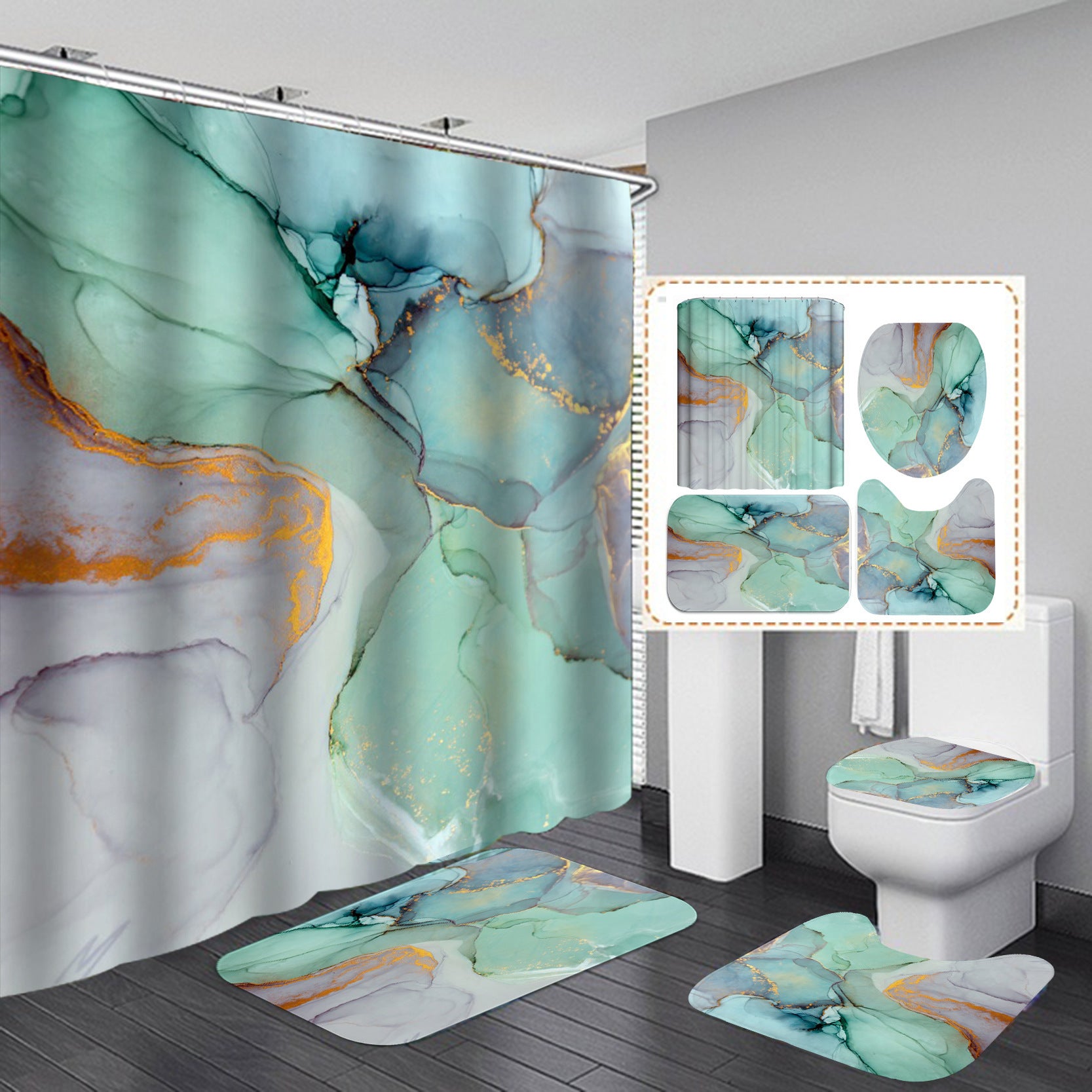 3D Modern Shower Curtain & Anti-Slip Bath Mat Set – Soft Absorbent Bathroom Rugs