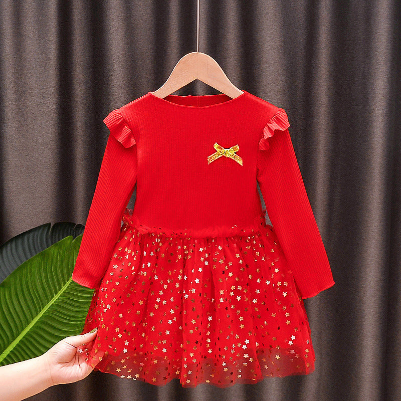 Stitching Star Mesh Dress Long Sleeve Princess Dress