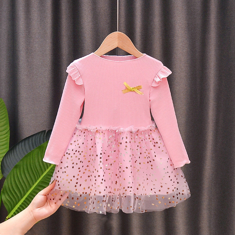 Stitching Star Mesh Dress Long Sleeve Princess Dress