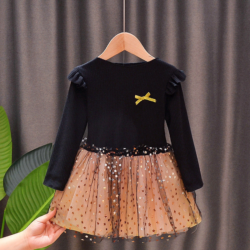Stitching Star Mesh Dress Long Sleeve Princess Dress