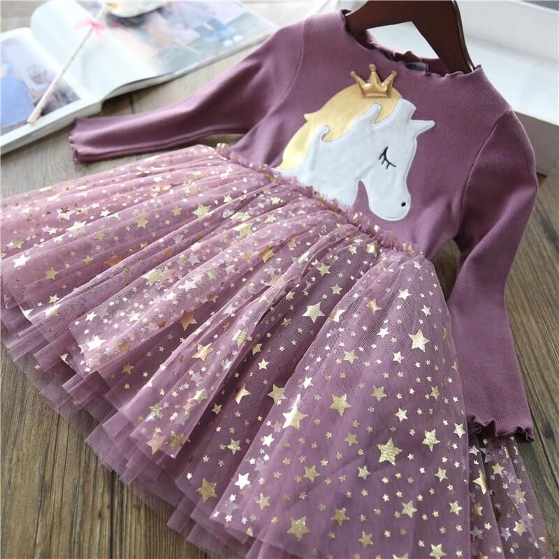 Stitching Star Mesh Dress Long Sleeve Princess Dress