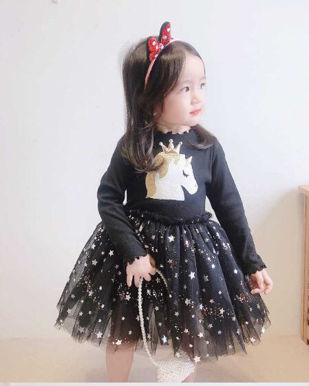 Stitching Star Mesh Dress Long Sleeve Princess Dress
