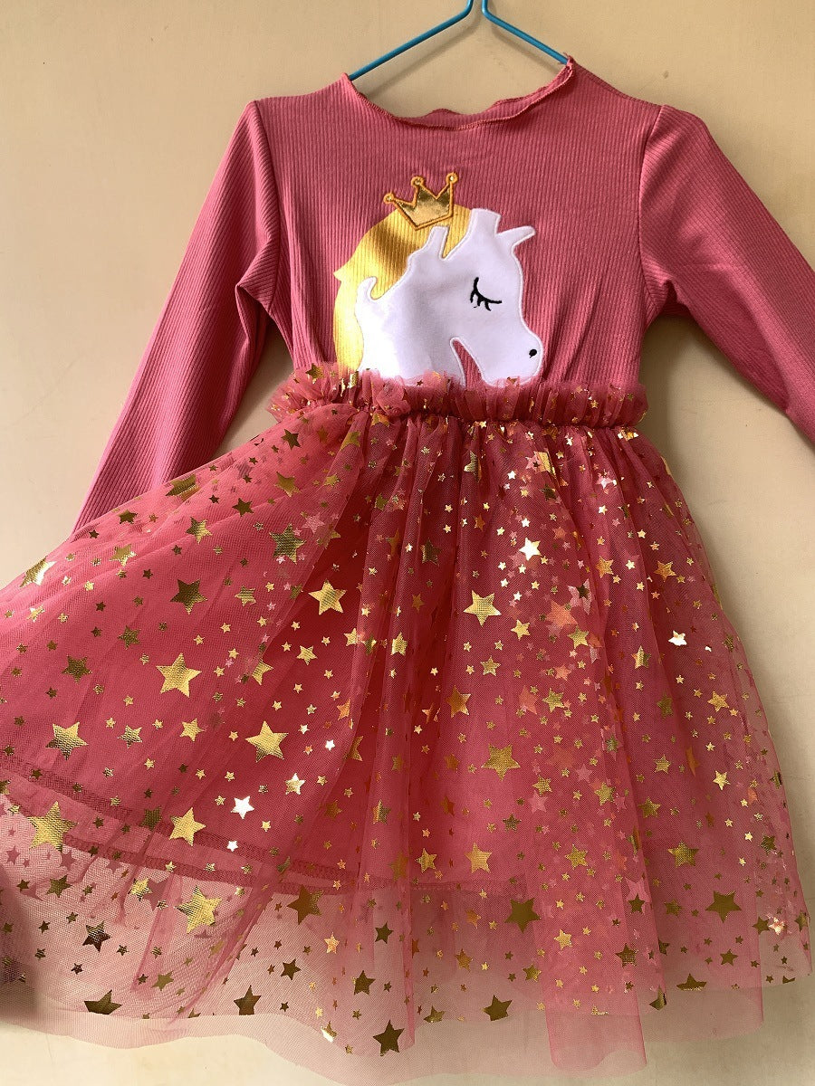 Stitching Star Mesh Dress Long Sleeve Princess Dress