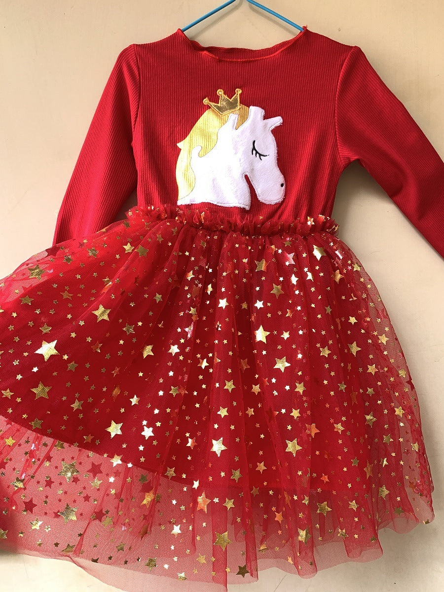 Stitching Star Mesh Dress Long Sleeve Princess Dress