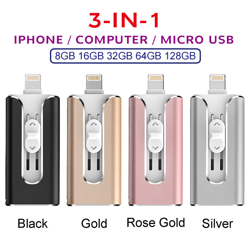 3-in-1 OTG Metal USB Flash Drive – USB-C/Micro-USB/USB-A for Android & Computer (64–256GB)