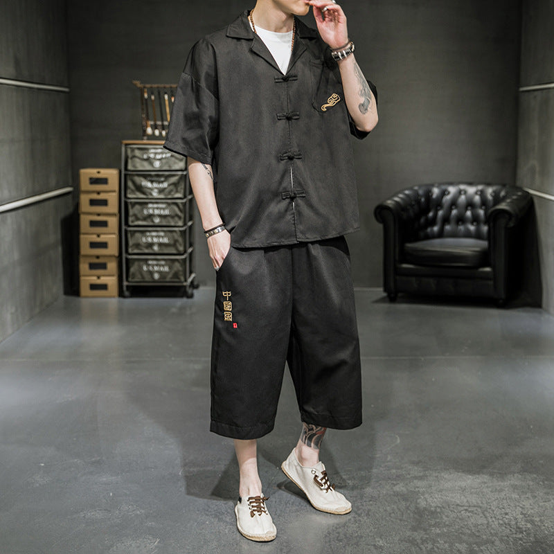 Cotton Linen Disc Button Shirt Collar Short-sleeved T-shirt Set