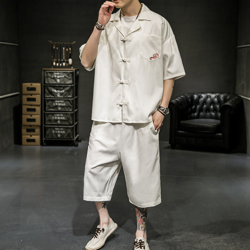 Cotton Linen Disc Button Shirt Collar Short-sleeved T-shirt Set