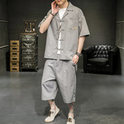 Cotton Linen Disc Button Shirt Collar Short-sleeved T-shirt Set