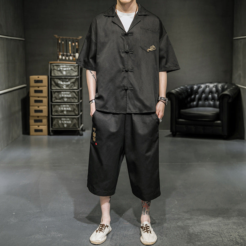 Cotton Linen Disc Button Shirt Collar Short-sleeved T-shirt Set