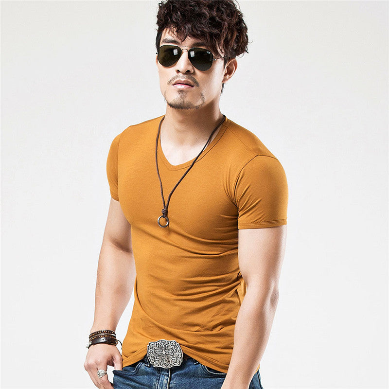 V-neck Slim Short-Sleeved Men's T-Shirt Youth Tight Bottoming Shirt