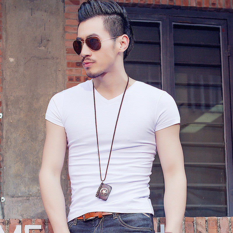 V-neck Slim Short-Sleeved Men's T-Shirt Youth Tight Bottoming Shirt