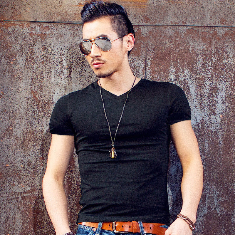 V-neck Slim Short-Sleeved Men's T-Shirt Youth Tight Bottoming Shirt