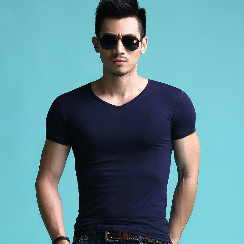 V-neck Slim Short-Sleeved Men's T-Shirt Youth Tight Bottoming Shirt