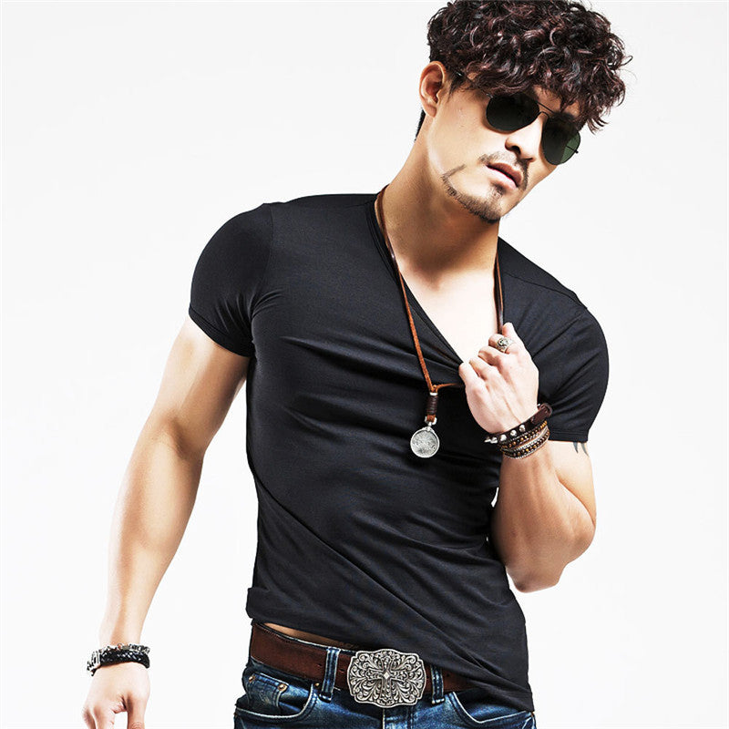 V-neck Slim Short-Sleeved Men's T-Shirt Youth Tight Bottoming Shirt
