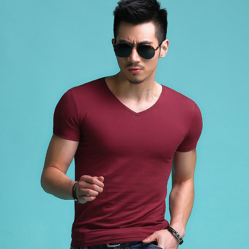 V-neck Slim Short-Sleeved Men's T-Shirt Youth Tight Bottoming Shirt