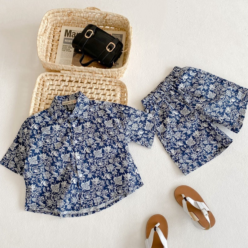 Retro Cotton Cashew Flower Shirt Two Piece Regular Kids Set