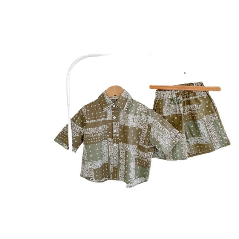 Retro Cotton Cashew Flower Shirt Two Piece Regular Kids Set