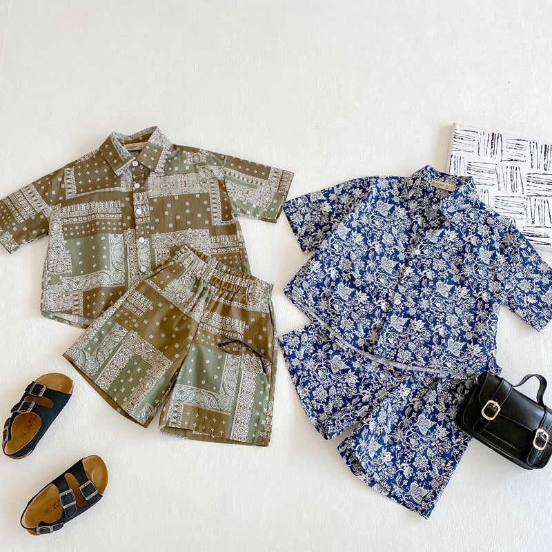 Retro Cotton Cashew Flower Shirt Two Piece Regular Kids Set