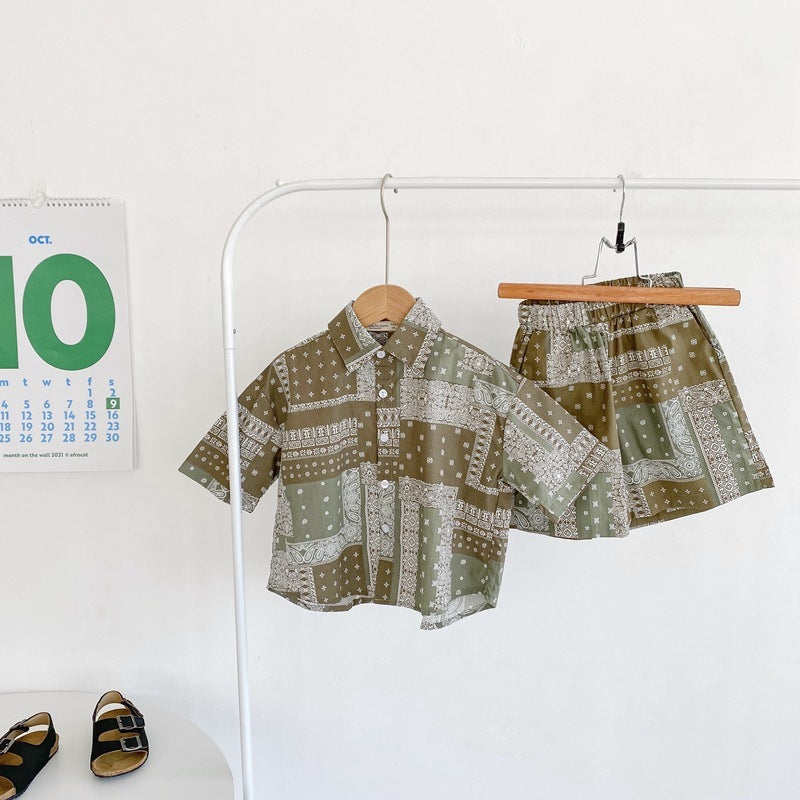 Retro Cotton Cashew Flower Shirt Two Piece Regular Kids Set