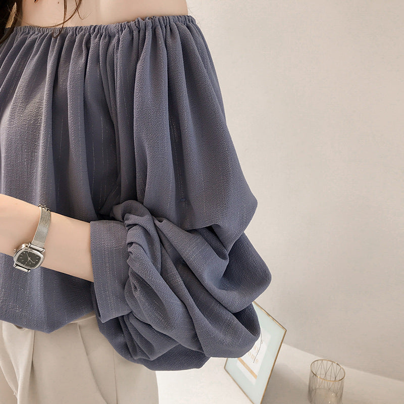 Spring New One Line Neck Strapless Chiffon Shirt Women Loose Bubble Blouse