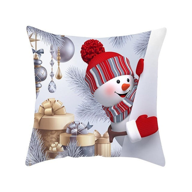 Cartoon Snowman Santa Peach Skin Cushion Cover Cartoon Printed Sofa Pillow Case