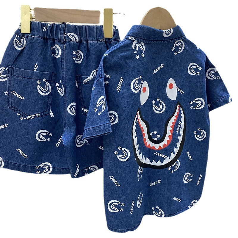 Children's Full-print Cartoon Denim Shirt Shorts, Children's Baby Western Style Short-sleeved Suit
