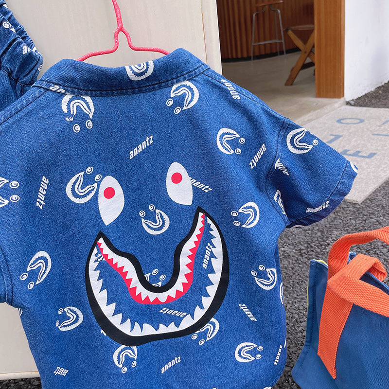 Children's Full-print Cartoon Denim Shirt Shorts, Children's Baby Western Style Short-sleeved Suit