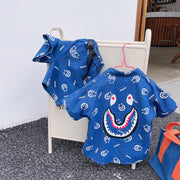 Children's Full-print Cartoon Denim Shirt Shorts, Children's Baby Western Style Short-sleeved Suit