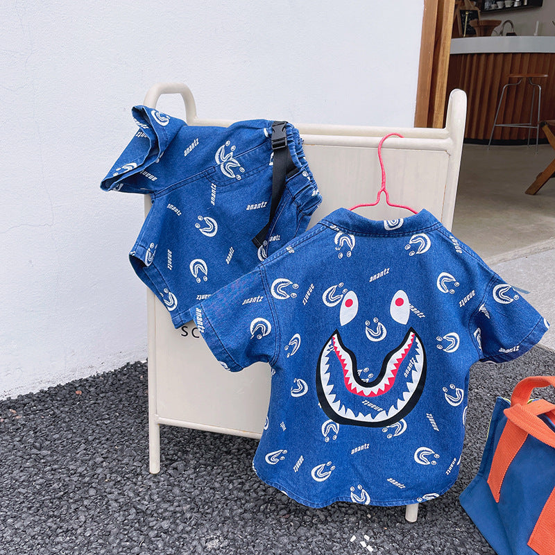 Children's Full-print Cartoon Denim Shirt Shorts, Children's Baby Western Style Short-sleeved Suit