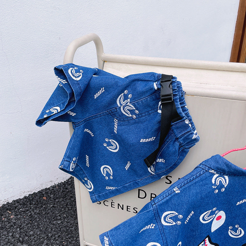 Children's Full-print Cartoon Denim Shirt Shorts, Children's Baby Western Style Short-sleeved Suit