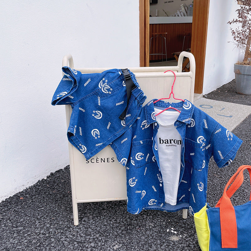 Children's Full-print Cartoon Denim Shirt Shorts, Children's Baby Western Style Short-sleeved Suit
