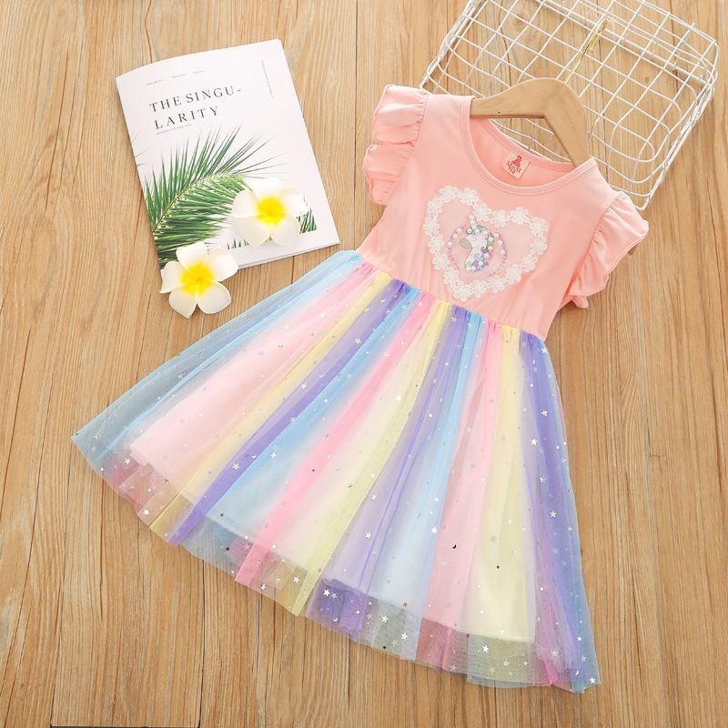 Girls Princess Cotton Gauze Dress With Petticoat Rainbow