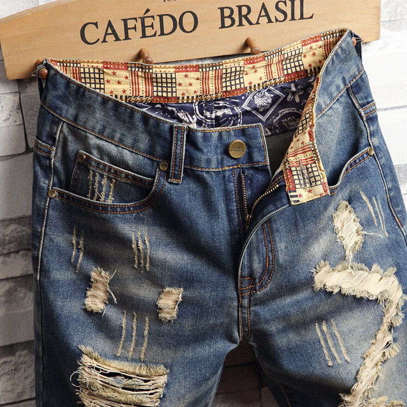Trend Big Hole Jeans Short Pants Men's Summer Capris Jeans Pants Beggars Pants Men's Korean Slim