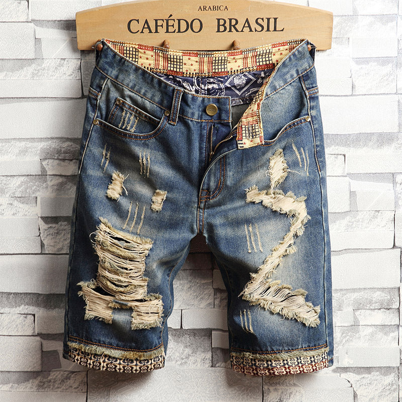 Trend Big Hole Jeans Short Pants Men's Summer Capris Jeans Pants Beggars Pants Men's Korean Slim