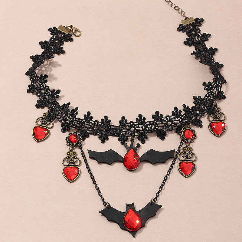 Gothic Jewelry Red Bat Halloween Necklace Lace Choker Necklace For Women Nightmare Before Christmas Black Layered Necklace