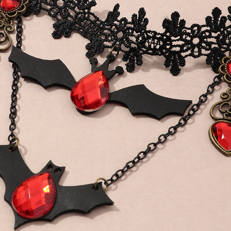 Gothic Jewelry Red Bat Halloween Necklace Lace Choker Necklace For Women Nightmare Before Christmas Black Layered Necklace