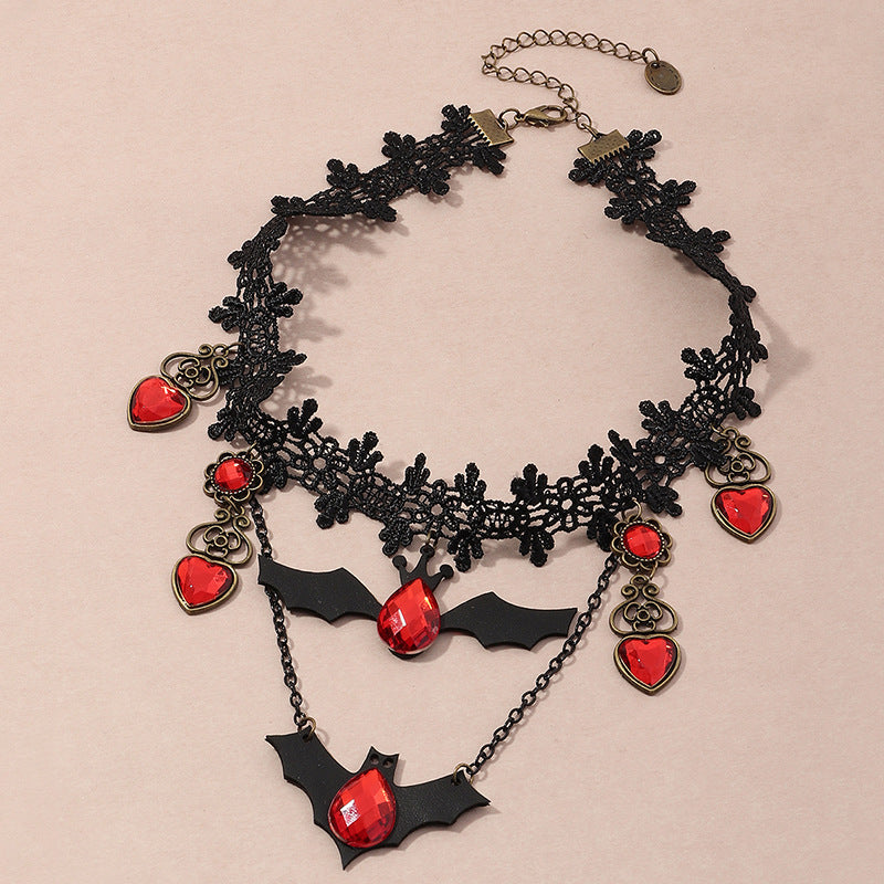 Gothic Jewelry Red Bat Halloween Necklace Lace Choker Necklace For Women Nightmare Before Christmas Black Layered Necklace