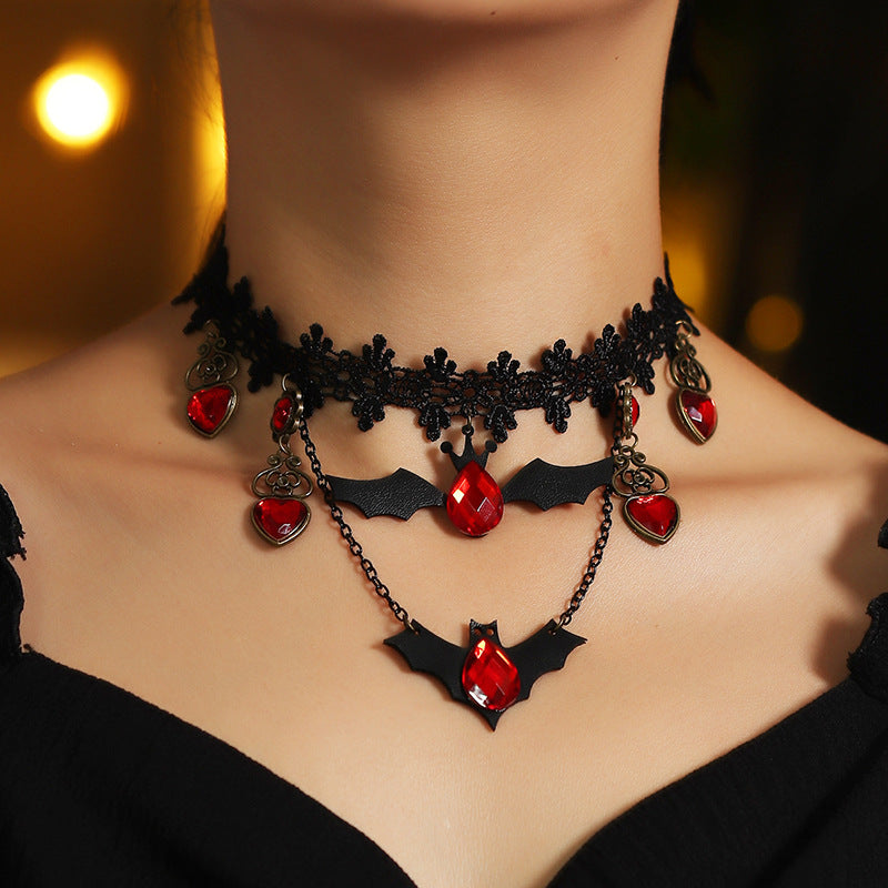 Gothic Jewelry Red Bat Halloween Necklace Lace Choker Necklace For Women Nightmare Before Christmas Black Layered Necklace