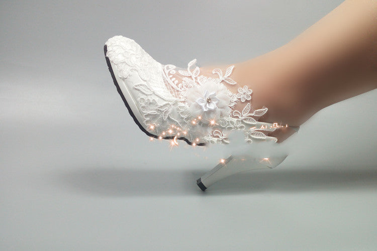 White Bridal Lace Flower Wedding Shoes High Heels