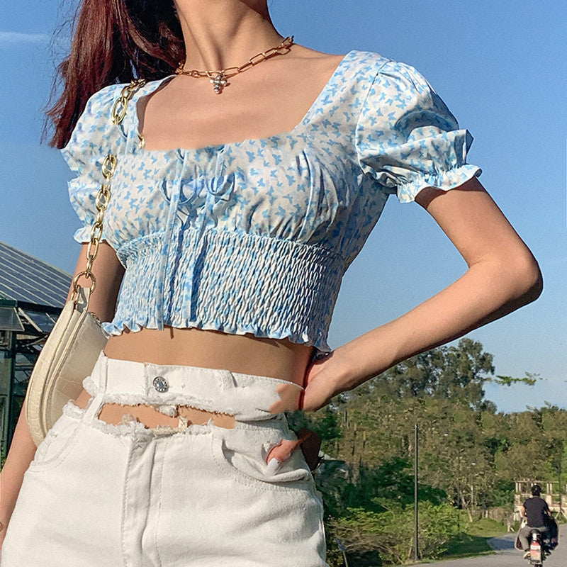 Women's Butterfly Print Square Neck Crop Top Polyester