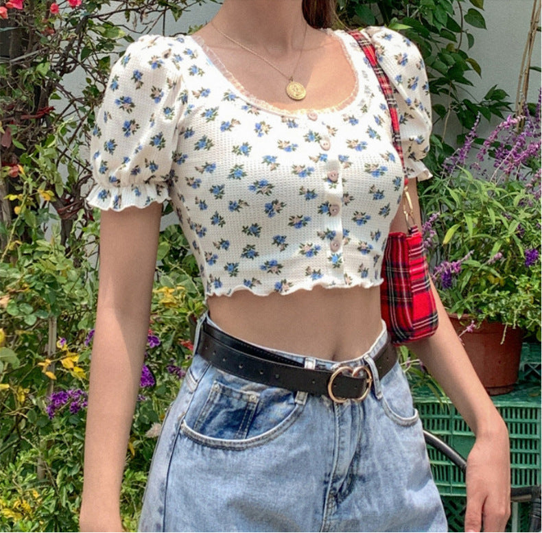 Floral Fungus Lace Side Neck Puff Sleeve Crop T-shirt