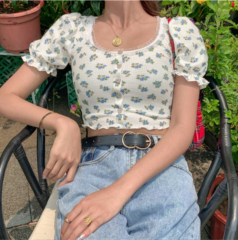 Floral Fungus Lace Side Neck Puff Sleeve Crop T-shirt