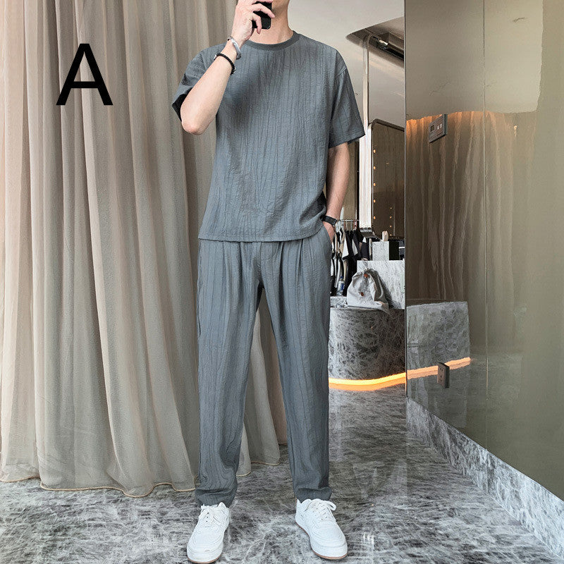 Men's Tide Brand Loose Ice Silk Short Sleeve T-shirt Young Boys Two-piece Set