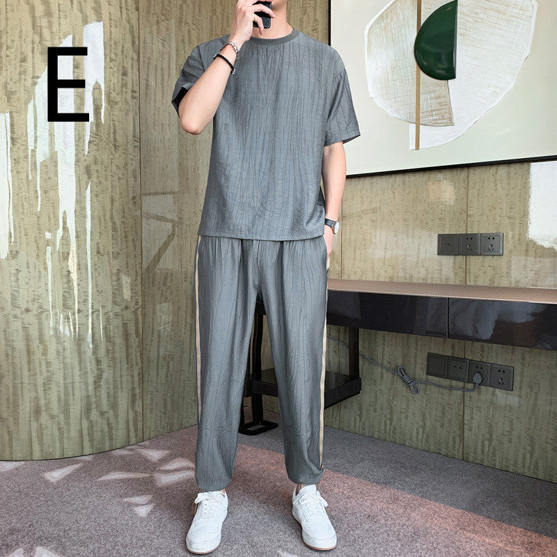 Men's Tide Brand Loose Ice Silk Short Sleeve T-shirt Young Boys Two-piece Set