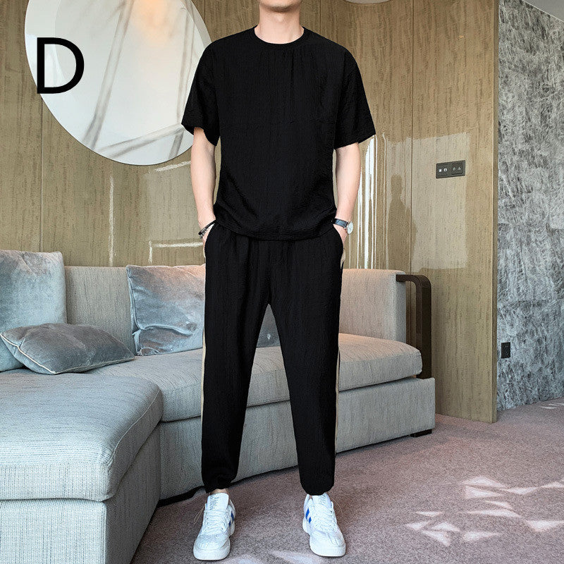 Men's Tide Brand Loose Ice Silk Short Sleeve T-shirt Young Boys Two-piece Set