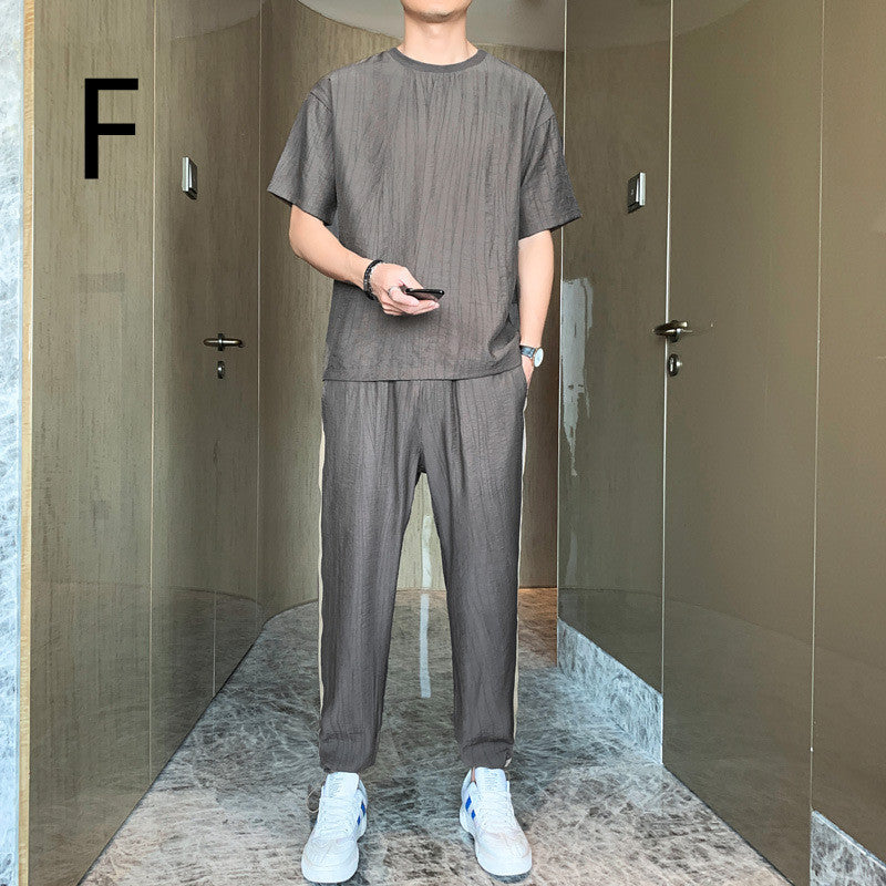 Men's Tide Brand Loose Ice Silk Short Sleeve T-shirt Young Boys Two-piece Set